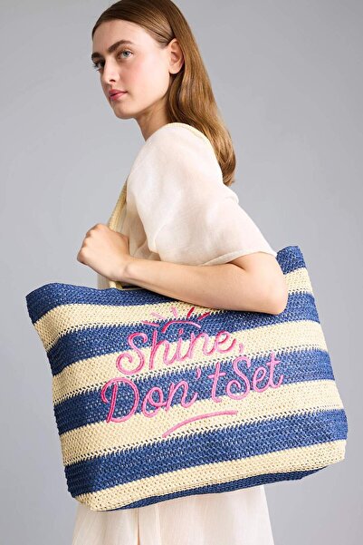 DeFacto Women's Embroidered Navy Blue Beach Bag G8714Axns