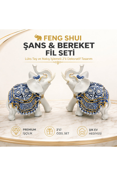 e-life shop Lüks Taş Nakış İşlemeli 2’li Feng Shui Fil Biblo Seti Şans Heykel...
