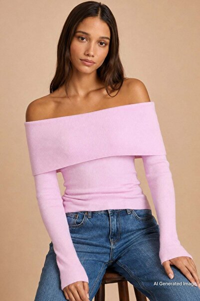 Madmext سترة تريكو وردية بياقة مادونا - كم طويل MG2184