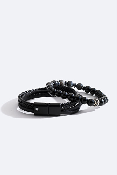 Avva Men's Black Leather and Hematite Stone Bracelet A51Y9608