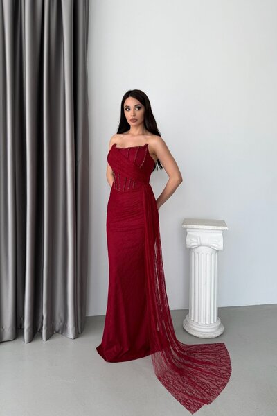 Serica Moda Bordo Straplez Dantel Eldivenli Drapeli Uzun Abiye Elbise