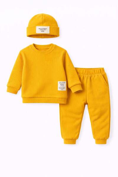 Bubito Hat and Arma Detailed Ribbed 3-Piece Top and Bottom Set - Mustard