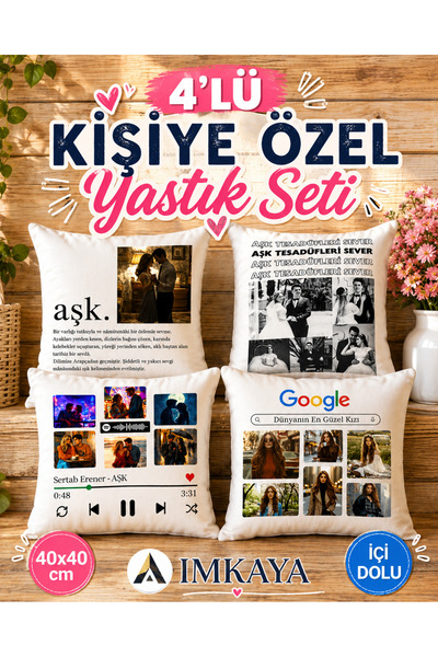 imkaya 4'lü Hediye Seti - 40x40 Kişiye Özel Yastık - 1.Kalite Silikon İle Dol...