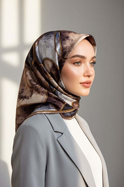 Vissona 100% Twin Silk Textured Marble Patterned Beige-Grey Scarf 90X90 Hand ...
