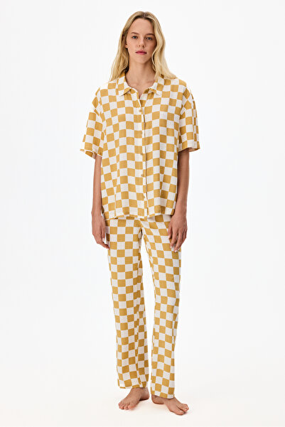 Penti Yellow Hannah Checker Pattern Short Sleeve Shirt Pants Pajama Set