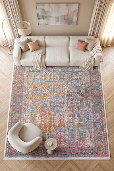 Eliz Home Çok Renkli Bordürlü Vintage Halı Bambu Polyester Oturma Odası Salon...