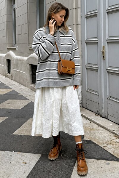 Madmext Gray Polo Collar Striped Women's Knitwear Sweater Mg2469