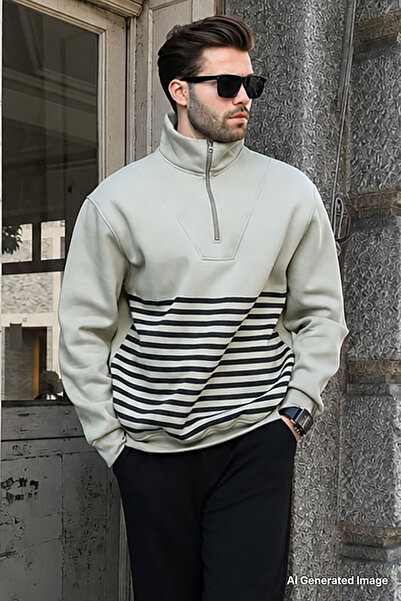 Madmext Green Zipper Collar Striped Sweatshirt 7056
