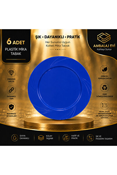 Ambalaj Evi Mika Luxury Plastic Plate Blue Mica Plate 23 Cm 6 Pieces