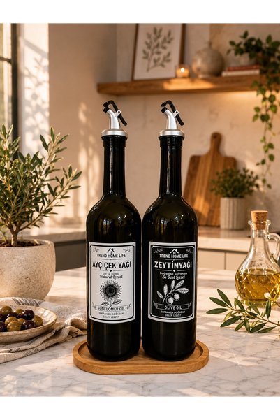 Trend Home Life Bambu Ahşap Stantlı Amber 2 li Yağdanlık Seti Cam Şişe 750 ml Yağlık Yağdanlık