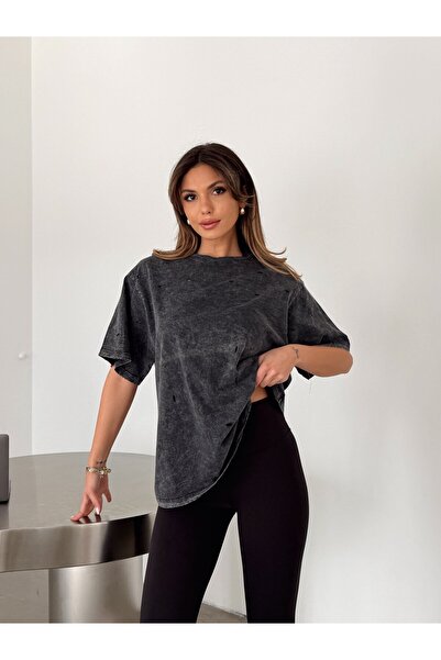 mydukkan.co Delikli Yıkama T-shirt - Füme