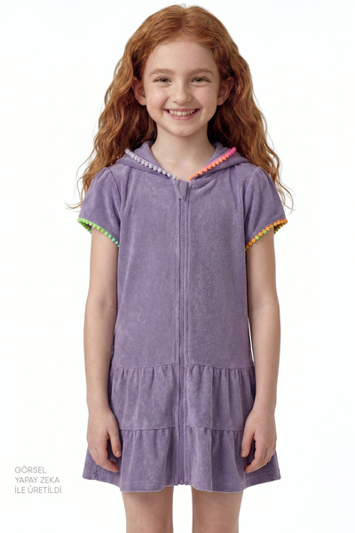 Penti Caftan cu mânecă scurtă, tip prosop, cu pompon, liliac, pastel dulce, p...