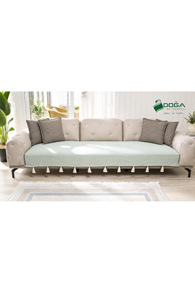 Doğa Tasseled Shawl Model Water Green Sofa Cover 100X230 |   100% Cotton Knit...