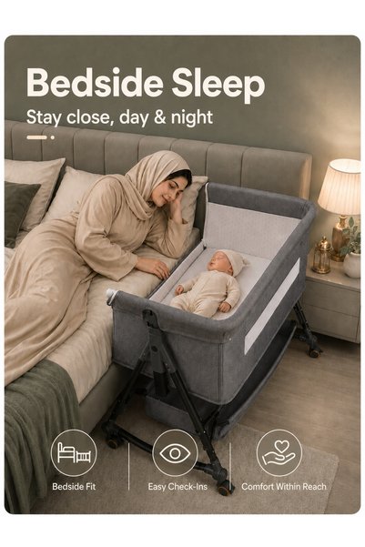 AZZHAAR Gray Bedside Baby Bassinet for Newborns & Infants 0–28 Months, Adjustable Height with Changing Top, Canopy and Storage Basket