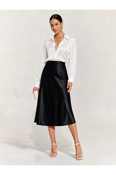 NSMLİFE Black Satin High Waist Midi Casual Skirt