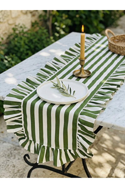 HOME OF BLOSSOM 40X120Cm Khaki Green Striped Ruffle Runner