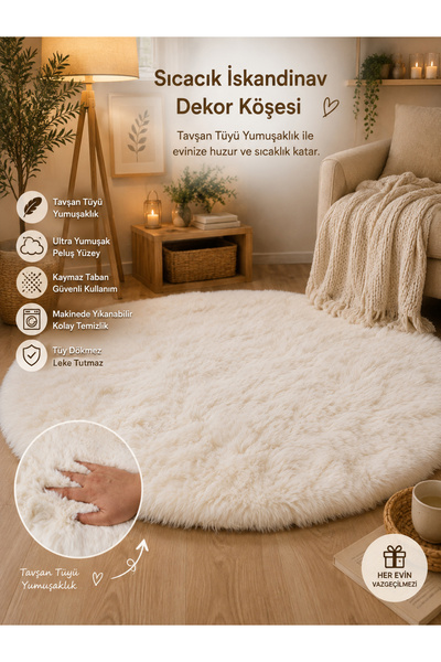 Myevilla Dekoratif Tavşan Tüyü Ultra Yumuşak Peluş Yuvarlak Halı