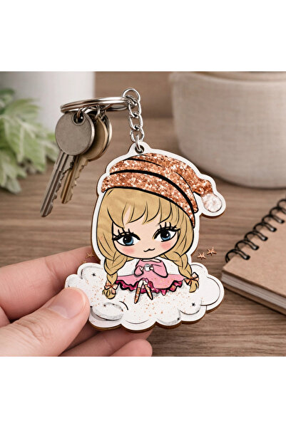 Reysa Tasarım Sparkling Christmas Themed Wooden Keychain with Girl Figure - 5...