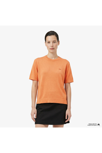 Lacoste Kadın Relaxed Fit Truvakar Kollu Bisiklet Yaka Keten Turuncu Triko