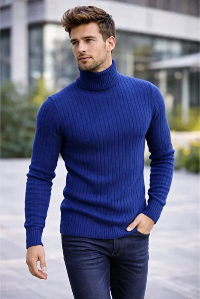 Simala Men's Turtleneck Knitted Sweater Cotton Thick Corded Fabric Weaving, R...