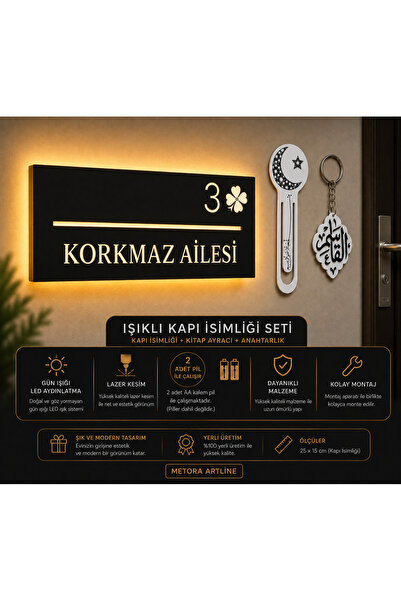 metora LED'li siyah Kapı İsimliği Set – Kişiye Özel |4 mm MDF Yoncalı Tasarım