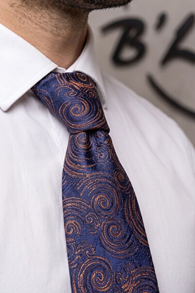 B'lazzotti Woven Handkerchief Tie for Men Navy Blue Orange