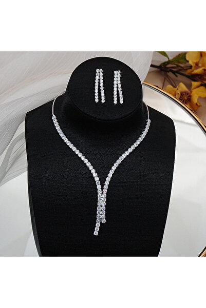 Choice silver Simple Geometric Zircon Necklace Earrings Women Crystal Earring...