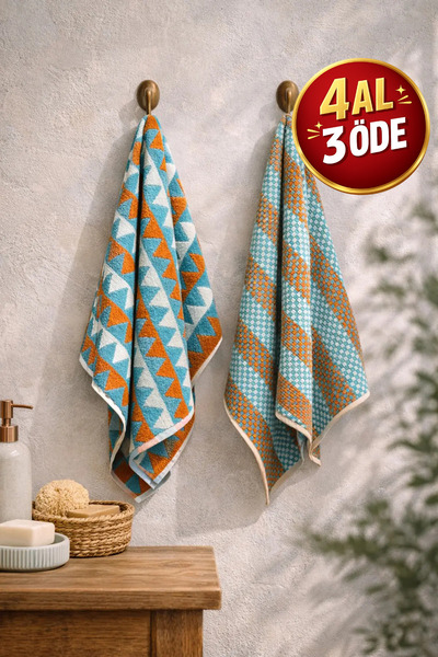 Coton Delux 2'li %100 Pamuk El&Yüz Havlu Seti | 50x70 cm | Geometrik Desenli ...