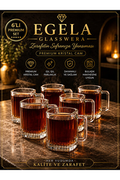 çukurova home 6 Lı Cam Kare Kulplu Çizgili Çay Bardağı Bardak 120 ml