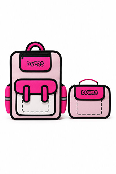 D'VERS Pink 2D Design Primary School School Bag and Lunch Box Set with Pen Ho...