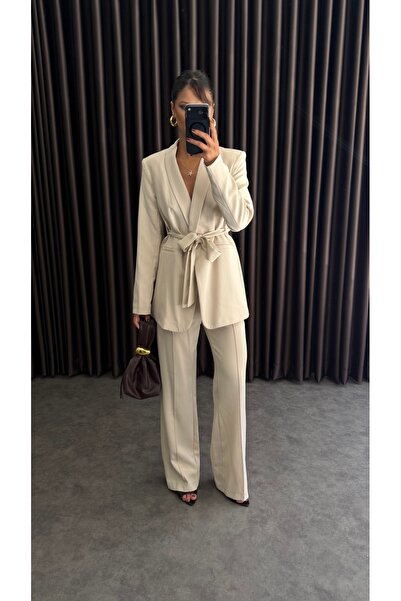 ZF BUTİK Set sacou tip blazer cu cordon și pantaloni, damă, culoare piatră