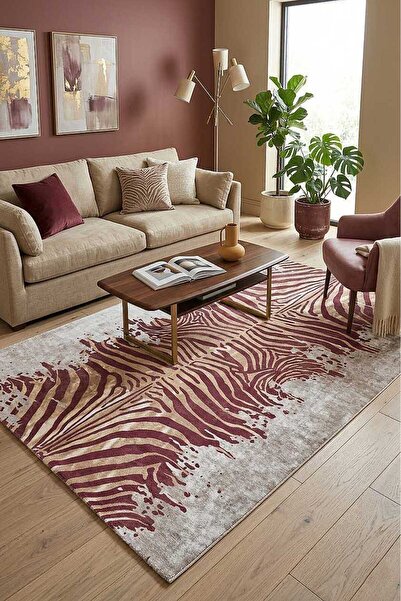 Frenda Home Zebra Desen Pamuk Taban Baskılı Halı Kahve