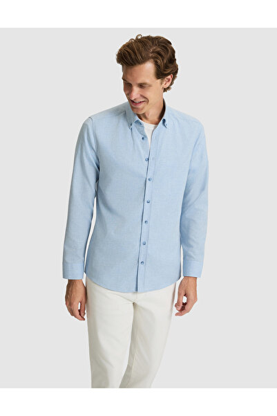 Pierre Cardin Light Blue Flannel Textured Slim Fit Long Sleeve Shirt 50316751...