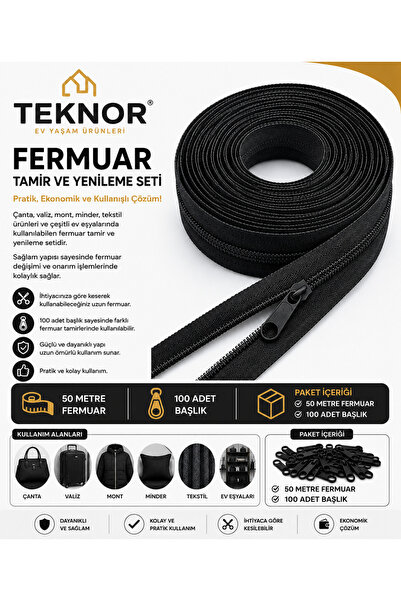 Teknor Siyah Fermuar 50 Metre 100 Adet Başlık T5