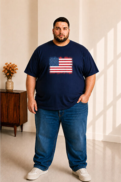 sngl tekstil Men's Large Size Short Sleeve America Flag Printed T-Shirt 3XL 4...