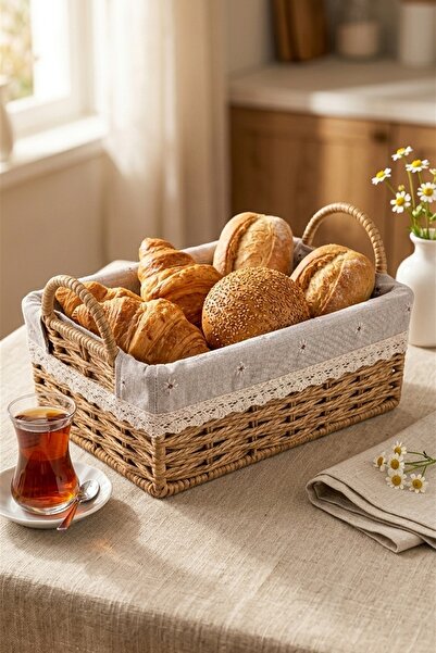MAKRİ HOME Bamboo Wicker Bread and Presentation Basket with Fabric Lining, Co...