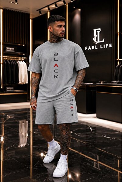 FAEL LİFE UNISEX T-Shirt und Shorts im weiten Schnitt, schwarz bedrucktes Set