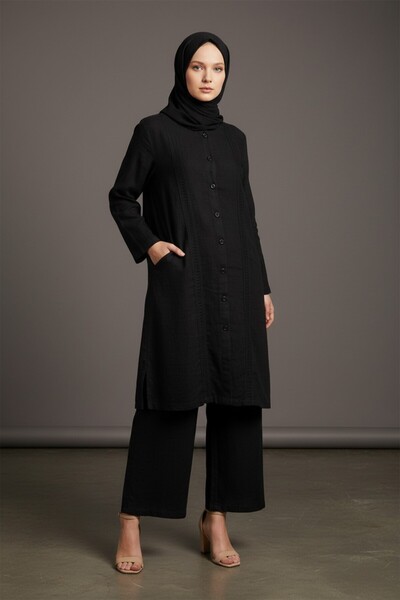 Sile Atelier Siyah Dantel Detaylı Dantel Tunik Tesettür Tunik Kadın