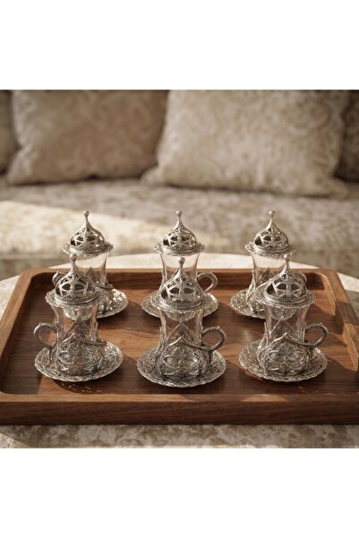 ACRE Turkish Handmade Brass and Glass Tea Set in Silver Color (6 Glass Cups w...