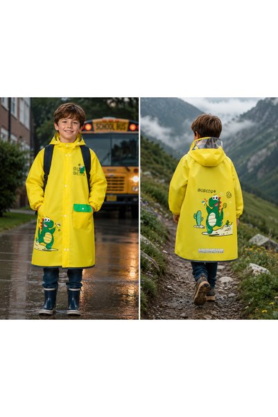 ATOM DEALS Pelerină de ploaie pentru copii cu dinozauri, 3 ani, 90-100cm, impermeabilă, galbenă, cu protecție pentru rucsac, vizor transparent, benzi reflectorizante, manșete duble, geantă de depozitare