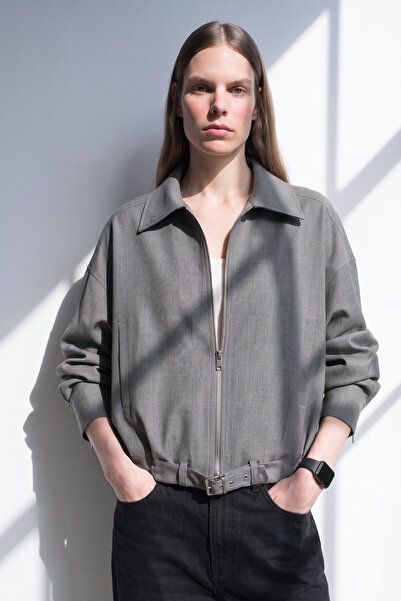 BARRELS AND OIL Women's hem Belt Oversized zippered jacket - school grey