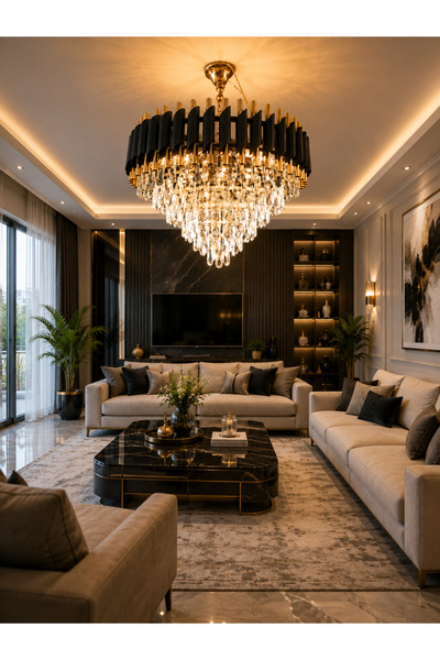 SimaAvize Lüks Kristal Taşlı Siyah Gold Avize Modern ve Şık Salon Avizesi