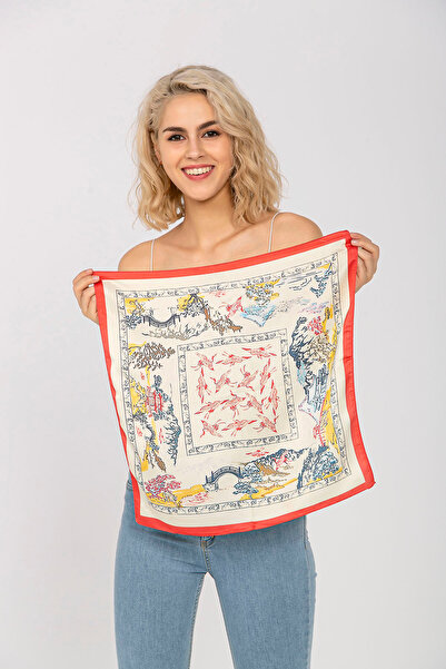 Axesoire 13465 Etnik Desenli Kırmızı Kenarlıklı Saten Bandana Fular 50x50 cm