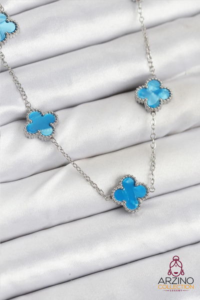 Generic Brand 316L Steel Chain Silver Ice Blue Color Clover Women Necklace