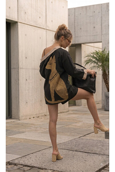 Büyük Antik Mısır Bastet Baskılı El yapımı Unisex Siyah Keten Kimono Kaftan