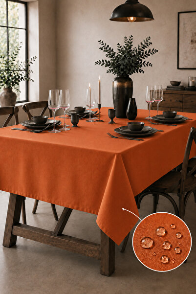 Soft Kare Panama Linen Liquid Proof Brick Color Tablecloth
