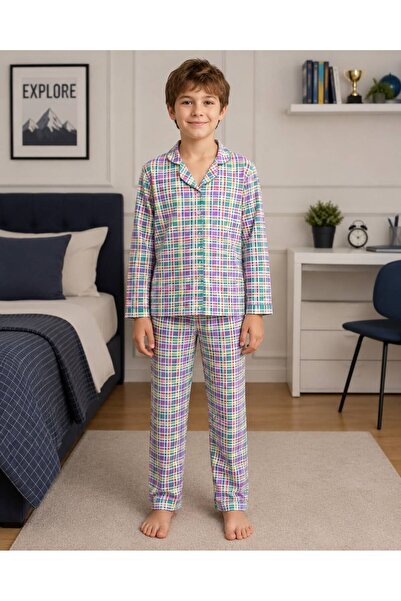 Pajama Shop Boy's 100% Cotton Green Plaid Patterned Shirt Collar Buttoned Paj...