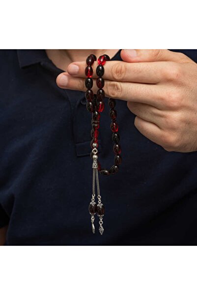 Inure Jewelry Ασημί Κόκκινο Μαύρο Φωτιά Κεχριμπάρι Ροζάριο