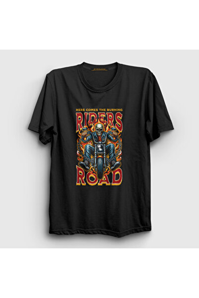 Presmono Burning Riders Unisex Black Road Motorcycles Chopper T-Shirt - 44646...