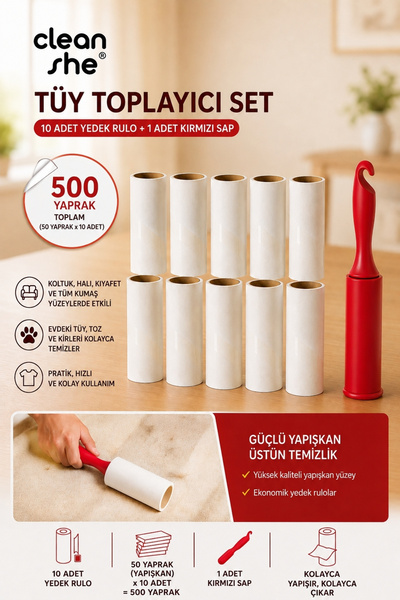 Tüy Toplayıcı Yedek Rulo Seti | İthal Rulo | 10'lu | 1 Yedek Sap | 10+1 | 50x10=500 Yaprak